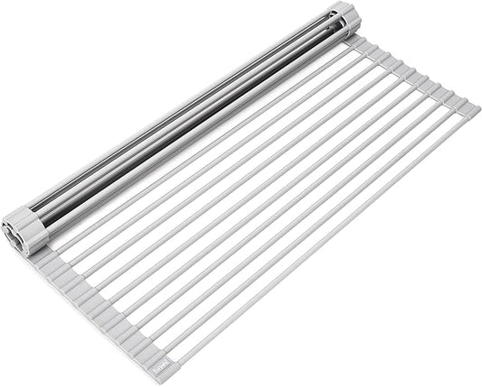 Surpahs 20.5 x 15.5 Inch Roll-Up Dish Drying Rack, Fits Across Sink Openings up to 19.5 Inches, Heavy-Duty Premium Silicone, Strong Support, Non-Slip, Heat-Resistant, Warm Gray by Surpahs