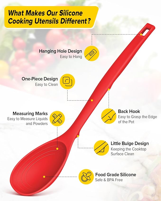 Pack of 2 Silicone Cooking Spoons, Non Stick Solid Kitchen Spoon with Measuring Marks & Back Hooks, Heat Resistant Silicone Slotted Spoon for Cooking, Mixing, Stirring,Serving (RED)