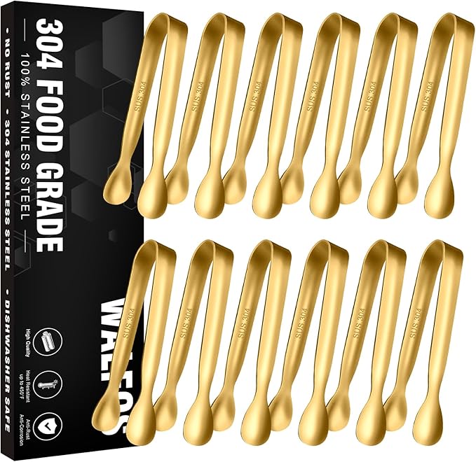 Walfos Small Gold Tongs For Serving,Food Grade Stainless Steel 4" Mini Tongs Appetizers for Parties Catering, Sugar，Desserts，Tea Party, Coffee Bar, Set of 12 （Gold） by Walfos