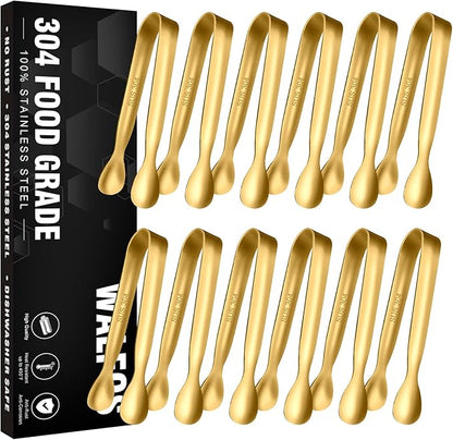 Walfos Small Gold Tongs For Serving,Food Grade Stainless Steel 4" Mini Tongs Appetizers for Parties Catering, Sugar，Desserts，Tea Party, Coffee Bar, Set of 12 （Gold） by Walfos