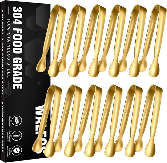 Walfos Small Gold Tongs For Serving,Food Grade Stainless Steel 4" Mini Tongs Appetizers for Parties Catering, Sugar，Desserts，Tea Party, Coffee Bar, Set of 12 （Gold） by Walfos