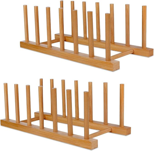 SAMEBUTECO Bamboo Wooden Dish Racks Plate Stand Holder Vertical Drainer Kitchen Cabinet Organizer for Dish, Pots, Lids, Bowls, Cups, and Cutting Boards and Books(2 Packs) by HOME
