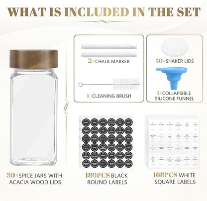 ZEHIQ 30Pcs 4oz Square Glass Spice Jars with Moisture-Proof Acacia Wood Lids, Food-Grade Seasoning Containers with Shaker Lids, 348 Labels, Markers, Funnel & Brush for Pantry Cabinet Drawer Storage