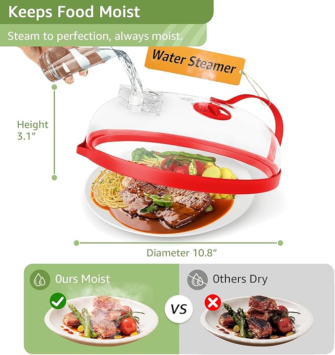 Microwave Splatter Cover with Water Steamer for Food - 10 Inch Steam Microwave Splatter Guard with Handle Splash Oven Lid with Built in Steamer Plate Covers for Heating Food - Red