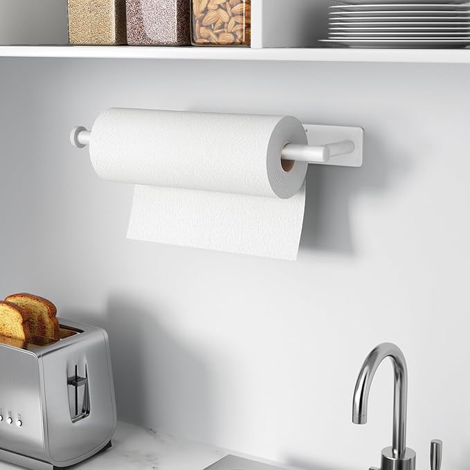 Paper Towel Holder - Self-Adhesive or Drilling, White, Wall Mounted, SUS304 Stainless Steel Kitchen Roll Dispenser Under Cabinet - Image 7