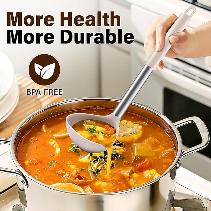3Pcs Silicone Cooking Spoon Set, Kitchen Utensils Include Solid & Slotted Spoon, Soup Ladle, Food-Grade Heat Resistant 446°F, Non-Scratch Spoons for Serving, Stirring, Draining, Dishwasher Safe, Khaki - Image 5