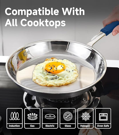 LOLIKITCH 10 In Stainless Steel Skillet - Professional Induction Fry Pan, Oven Safe 600°F, Tri-Ply Stainless Steel Clad, Dishwasher Safe, Detachable Handle, PFOA Free, Commercial Restaurant Grade