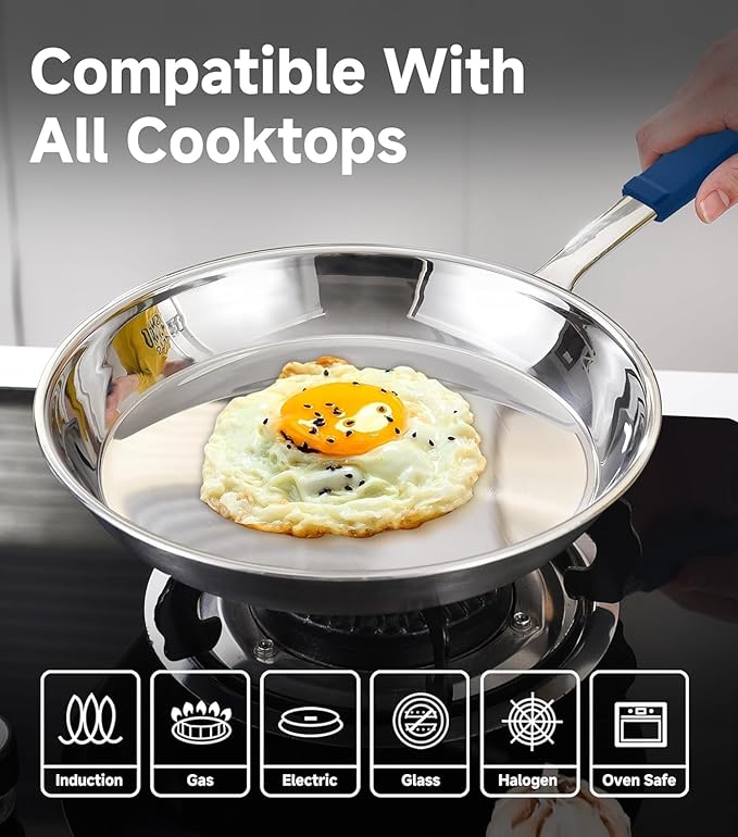 LOLIKITCH 12 In Stainless Steel Skillet - Professional Induction Fry Pan, Oven Safe 600°F, Tri-Ply Stainless Steel Clad, Dishwasher Safe, Detachable Handle, PFOA Free, Commercial Restaurant Grade