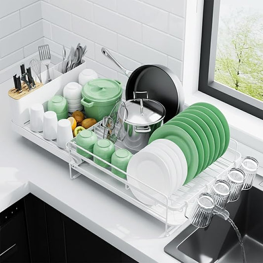Kitsure Extendable Dish Drying Rack, Large Drying Dish Rack with Cutlery & Cup Holders, Multifunctional Dish Racks for Counter with Drainage, 18.2"-25.7" L x 12.9" W, White by Kitsure