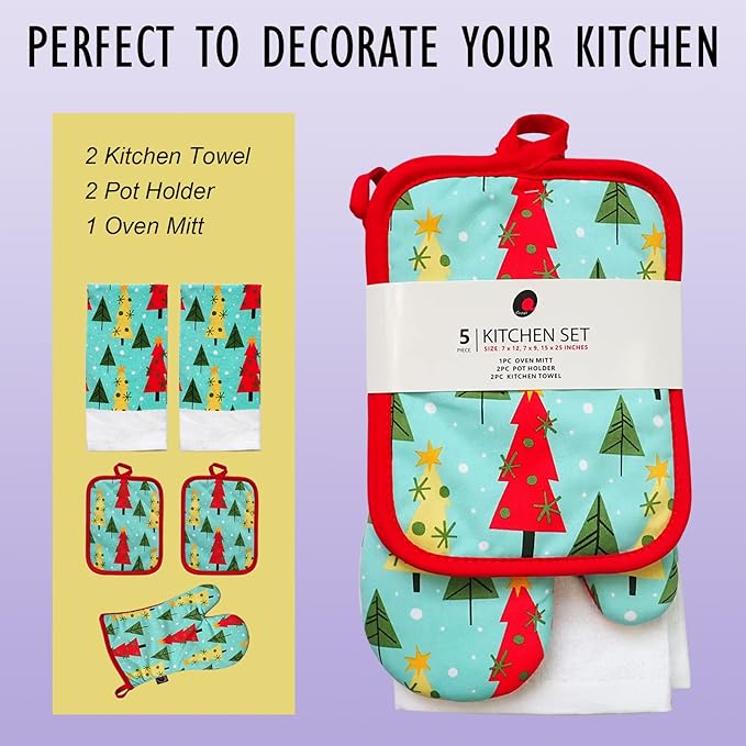 Oven Mitts and Potholders Dish Towles Set 100% Cotton for Perfect for Gifting, Baking and Everyday Cooking Durable Heat Resistant for Kitchen (5-Piece Christmas Tree) - Image 2
