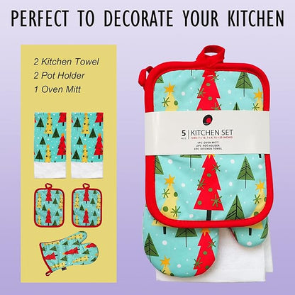 Oven Mitts and Potholders Dish Towles Set 100% Cotton for Perfect for Gifting, Baking and Everyday Cooking Durable Heat Resistant for Kitchen (5-Piece Christmas Tree) - Image 2