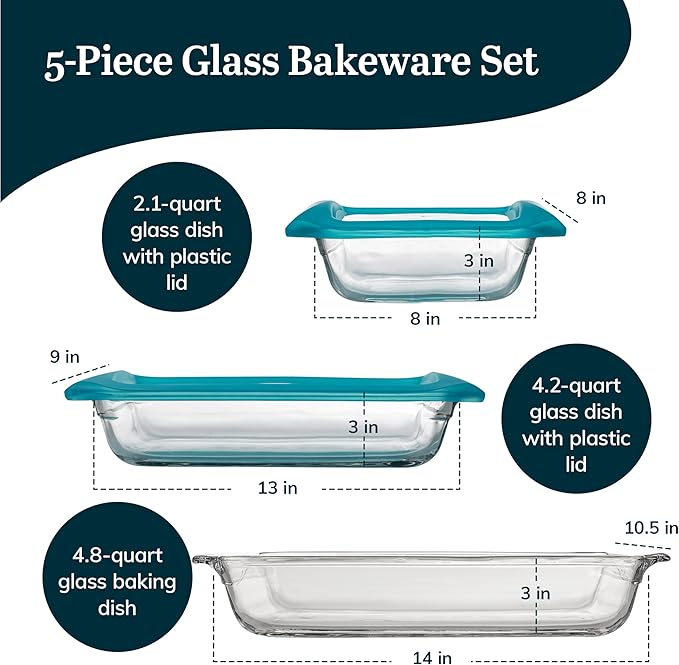 Libbey Baker’s Premium 5 Piece Glass Baking Dish Set, Stackable Casserole Dish with Lid Set, Baking Glassware for Casseroles, Lasagna, Brownies - Image 3