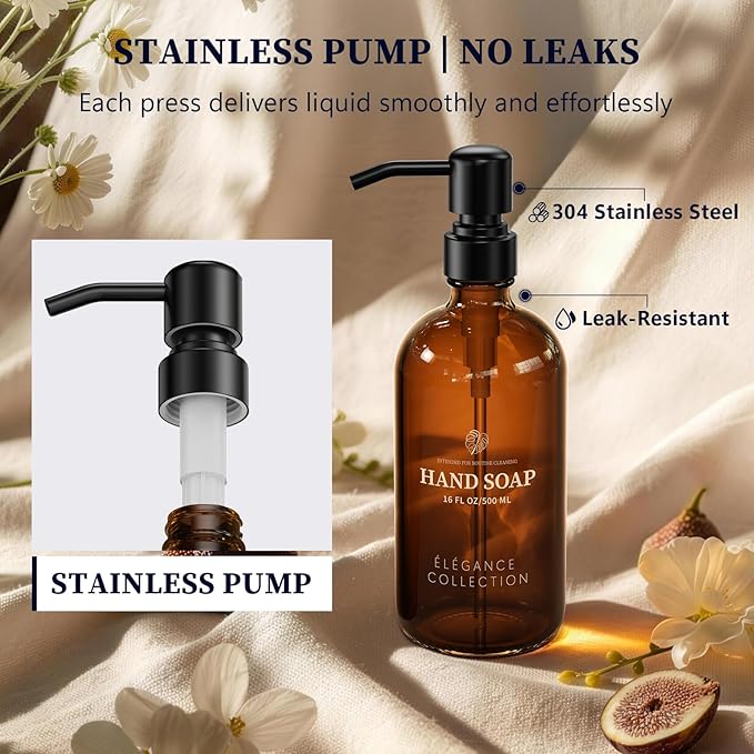 Amber Glass Soap Dispenser for Kitchen Sink and Bathroom - 2 Pack 16oz Slim Profile Bottles with Rust-Proof Stainless Steel Pump, Non-Slip Base & 14 Waterproof Labels for Home Organization - Image 2