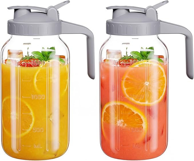Glass Mason Jar Pitcher, 64 oz Wide Mouth Jug with Pour Spout Handle Lid for Cold Brew Coffee, Ice Beverage, Iced Juice, Lemonade, Sun Tea, Fruit Drinks Container(2Pack Gray) by Junvpic