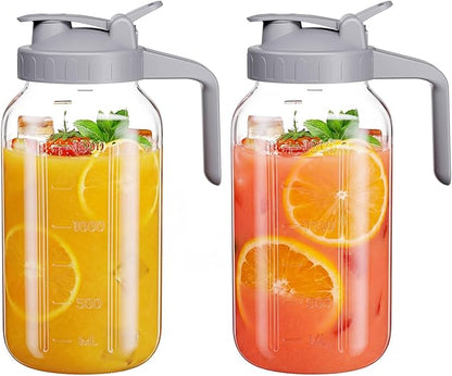 Glass Mason Jar Pitcher, 64 oz Wide Mouth Jug with Pour Spout Handle Lid for Cold Brew Coffee, Ice Beverage, Iced Juice, Lemonade, Sun Tea, Fruit Drinks Container(2Pack Gray) by Junvpic
