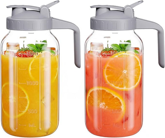 Glass Mason Jar Pitcher, 64 oz Wide Mouth Jug with Pour Spout Handle Lid for Cold Brew Coffee, Ice Beverage, Iced Juice, Lemonade, Sun Tea, Fruit Drinks Container(2Pack Gray) by Junvpic