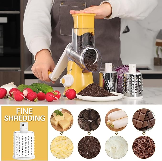 Cambom Rotary Cheese Grater Hand Crank Cheese Shredder for Fresh Cheese, Vegetable, Nuts,Non-slip Suction Base, Free Cleaning Brush Three Blades,Yellow - Image 4