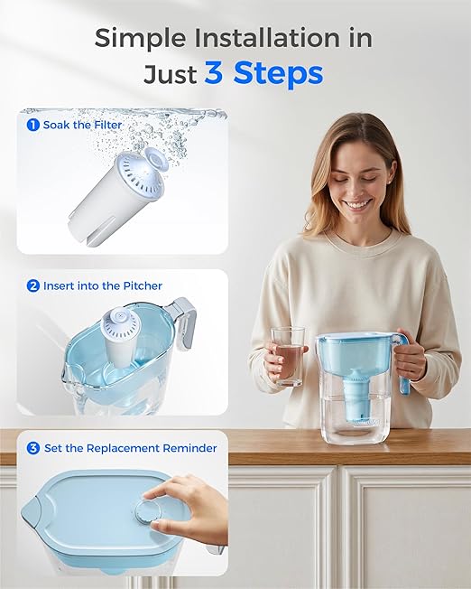 Waterdrop PT-11BL 7-Cup Alkaline Water Filter Pitcher with 3 Replacement Filters, Can Work with Brita® Water Pitchers & Filters, Smooth-Tasting Water, Increases PH, Up to 6 Months, Blue