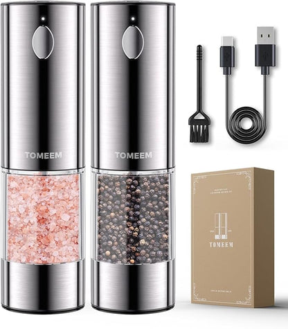 TOMEEM Upgraded Larger Capacity Electric Salt and Pepper Grinder Set Rechargeable with LED lights, Stainless Steel Automatic Pepper and Salt Grinder Refillable with 5 Adjustable Coarseness by Tomeem