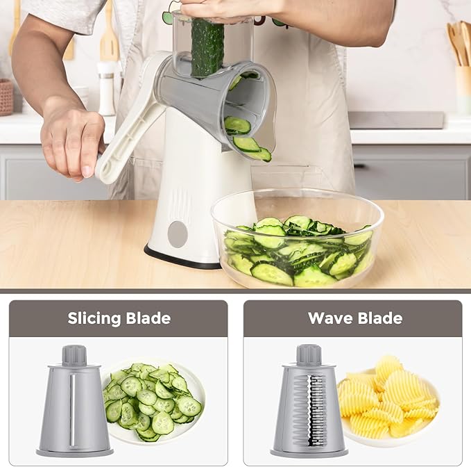 X Home 5-in-1 Rotary Cheese Grater for Kitchen, Upgraded Hand Crank Shredder with Stronger Suction Base & Multifunctional Drum Blades, for Cheese, Vegetables and Nuts, Easy to Use and Clean, White - Image 2