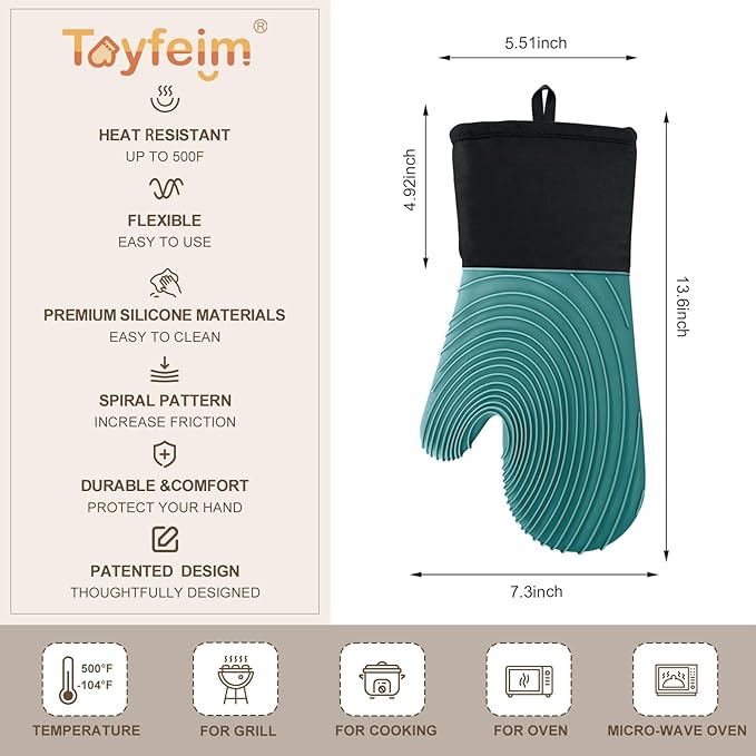 Silicone Oven Mitts-13.6 in Extended Oven Mitts Heat Resistant 500F, Oven Gloves with Soft Liner Good Grippy BPA-Free Easy to Clean Flexible-Oven Mits Set for Cooking Baking Grilling BBQ - Image 5