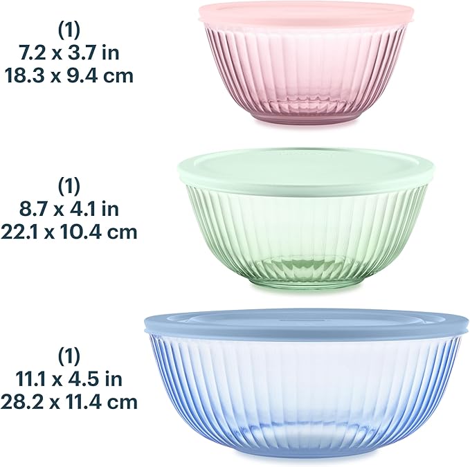 Pyrex Colors (3-Pack, Full Set) Sculpted Tinted Glass Mixing Bowls With Plastic Lids, Nesting Space Saving Set of Bowls For Prepping and Baking, 1.3QT, 2.3QT & 4.5Q, (Pink, Green, Blue) - Image 2
