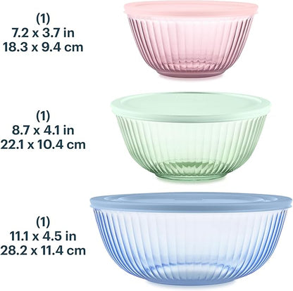 Pyrex Colors (3-Pack, Full Set) Sculpted Tinted Glass Mixing Bowls With Plastic Lids, Nesting Space Saving Set of Bowls For Prepping and Baking, 1.3QT, 2.3QT & 4.5Q, (Pink, Green, Blue) - Image 2
