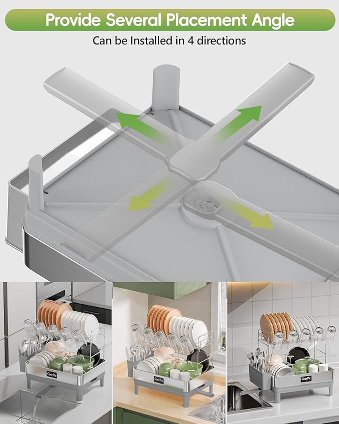 2 Tier Dish Drying Rack, Thicker Premium 304 Stainless Steel Dish Racks for Kitchen Counter, Automatic Drainage Spout, Dish Drainer & Drainboard Set with Utensil Holder and Cup Holder, Grey - Image 4