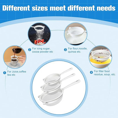 3 Pcs Plastic Nylon Fine Mesh Kefir Strainer Set with Handle, Sieve Fine Mesh Colander Flour Sifter for Yogurt Baking Kitchen Kefir Tea Juice Pasta