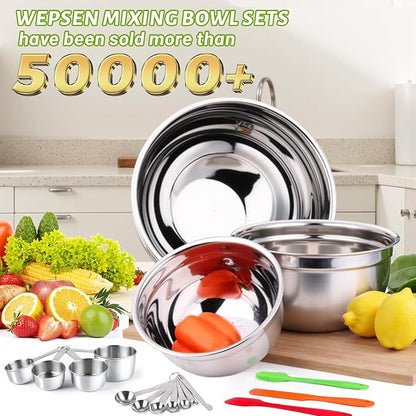 WEPSEN Mixing Bowls with Lid Set, 25PCS Kitchen Utensils Metal Bowl Stainless Steel Nesting Bowls, Measuring Cups and Spoons, Egg Whisk for Baking Prepping Cooking Serving Supplies - Image 2