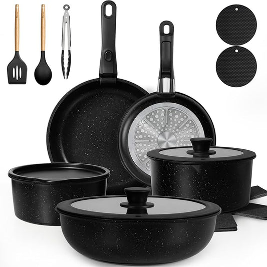 KIKCOIN 20 Pcs Pots and Pans Set Non Stick, Detachable Handle Cookware Sets Nonstick, Non Toxic Induction RV Kitchen Cooking Set with Removable Handles, Dishwasher/Oven Safe, Easy Clean (Black) by Kikcoin