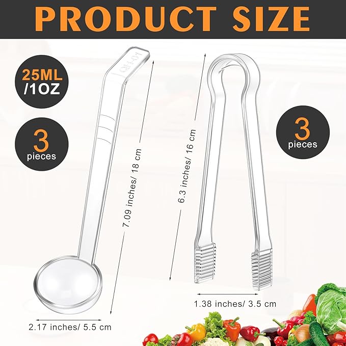 6 Pieces Plastic Serving Utensils Set Including 3 Pcs 1 oz Small Ladle and 3 Pcs Tong Acrylic Long Handle Ladle for Serving Sauce, Soup, Dressing, Punch Bowl, Gravy for Party Banquets Catering(Clear) - Image 2
