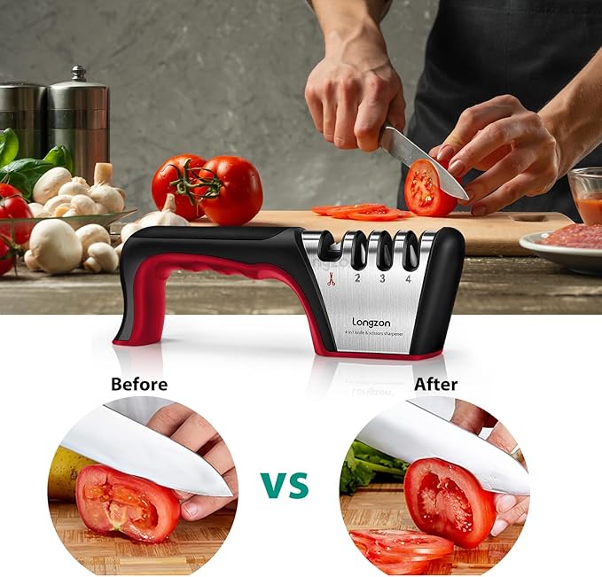 Longzon 5-in-1 Knife Sharpener 4 Stage with Cut-Resistant Glove, Quickly Sharpens & Restores Dull Blades, Easy & Safe for Home Kitchen Use, Fits Most Knives and Scissors, Black+Red - Image 8