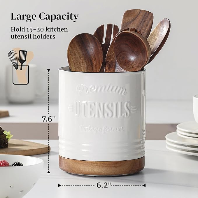 DOWAN 360° Rotating Extra Large Cooking Utensil Holder, 7.6" Kitchen Utensil Holder for Countertop, Utensil Crock for Farmhouse Kitchen Decor, Ceramic Stable Utensil Caddy, White Text - Image 2