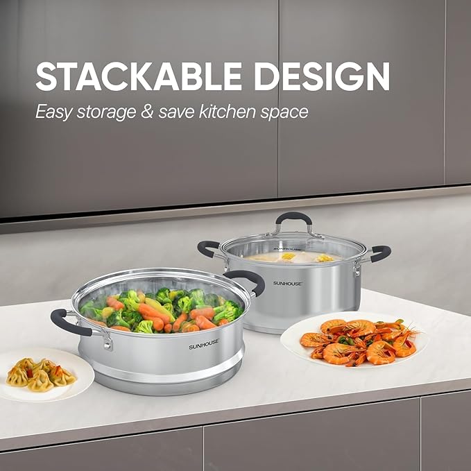 SUNHOUSE - 3.1 Quart Steamer Pots with Lid 2-Tier Multipurpose Stainless Steel Steaming Pot Cookware with Handle for Vegetable, Dumpling, Sauce, Food - Triple Bottom, Measurement Line - Image 8