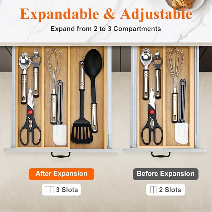 Large Bamboo Silverware Drawer Organizer Tray Kitchen Tool Drawer Divider Organizers Storage Expandable Cooking Utensil Organizer Wooden Cutlery Tray Spoon Flatware Organizers Utensil Holder Drawers - Image 4