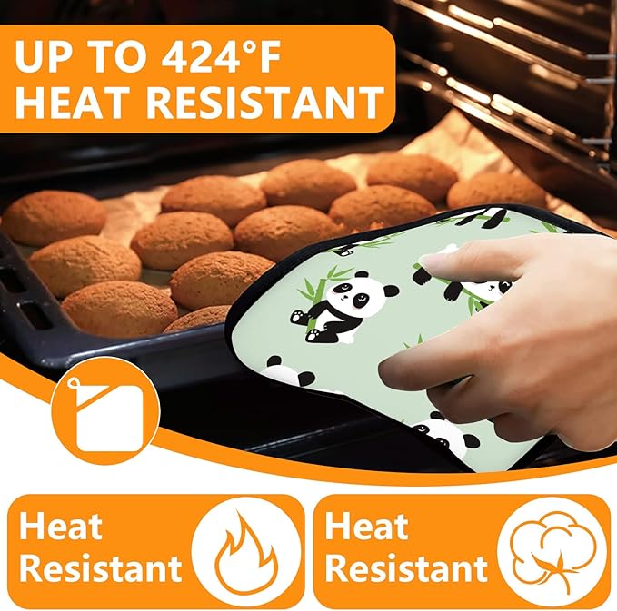 Cute Panda Oven Mitts and Pot Holders Sets 4Pcs,Extra Long Oven Gloves Potholder for Kitchen Cooking Baking BBQ 100% Cotton Heat Resistant - Image 4
