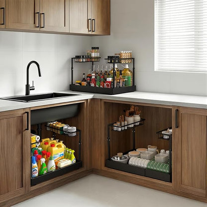 Aisslro Under Sink Organizer, 2 Tier Under the Sink Storage, Expandable Adjustable Slide Out Pull Out Under Cabinet Organizers Shelf, for Kitchen Bathroom Pantry Closet Organization, Black