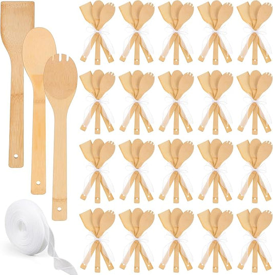 Reallnaive 72 Pcs Bamboo Spatula Wooden Kitchen Utensil Bulk 12''wood Spoon Spatula for Cooking with Ribbon Bridal Baby Shower Game Prize Wedding Party Favors Housewarming Gift (Various Style)