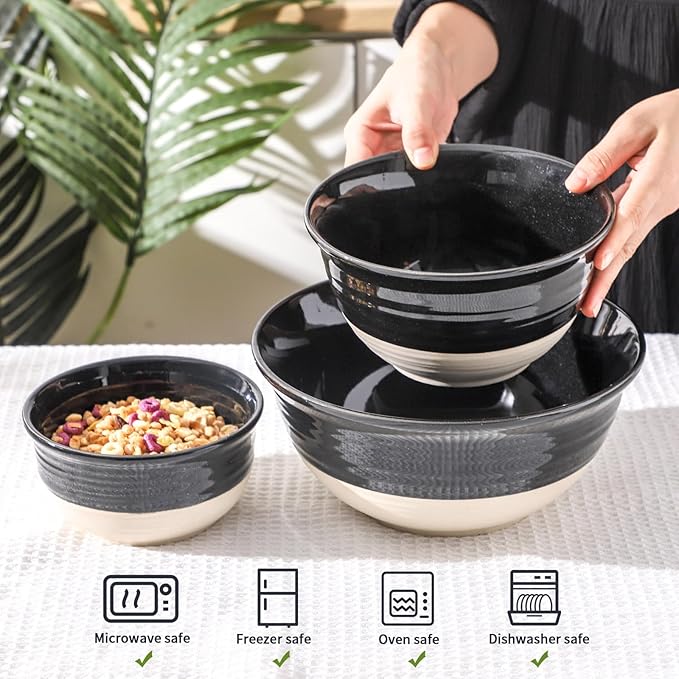 HASENSE Ceramic Mixing Bowls Set of 3, 84/40/20 Oz Black & Beige Stoneware Bowls, Farmhouse Bowls for Salad, Soup, Cooking Baking Serving Food, Nesting BowlsDishwasher & Microwave Safe - Image 5