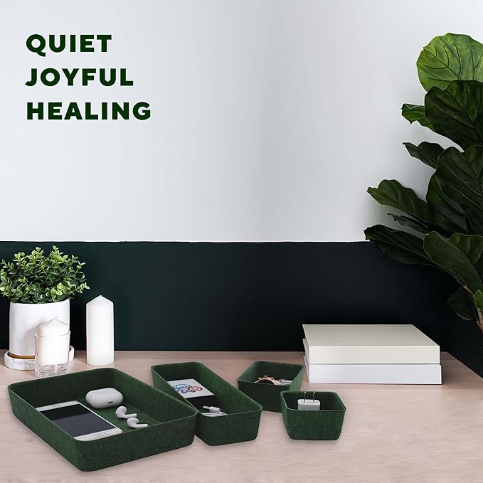 Welaxy Desk drawer organizer bins shallow trays felt storage desktop box for jewelry watches office supplies makeup small key holder minimalism 8-piece (Forest Green) - Image 3
