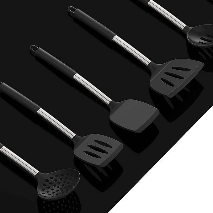 oannao Large Silicone Cooking Utensils Set - Heat Resistant Kitchen Utensils Sets,Spatula,Spoon,Turner Tongs,Whisk,Stainless Steel Cooking Utensil for Nonstick Cookware Dishwasher Safe (Black) - Image 6