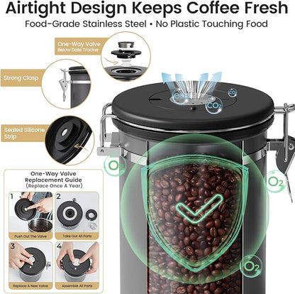 Veken Coffee Canister with Window,Airtight Stainless Steel Kitchen Food Storage Container, Date Tracker & Scoop for Grounds Coffee, Beans, Tea, Flour, Cereal,Sugar,22OZ,Grey - Image 3