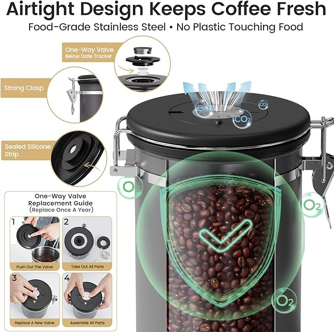 Veken Coffee Canister with Window,Airtight Stainless Steel Kitchen Food Storage Container, Date Tracker & Scoop for Grounds Coffee, Beans, Tea, Flour, Cereal,Sugar,22OZ,Grey (Pack of 2) - Image 3