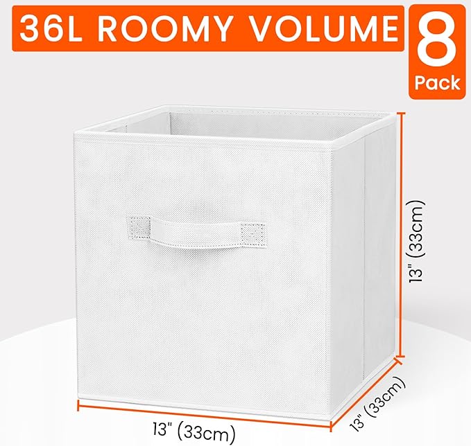 Criusia Storage Cubes - 13 Inch Heavy Duty Fabric Storage Bins for Shelves Closet Cube Organizer - 8 Pack Collapsible Cube Storage Bins Baskets for Clothes Blankets Toys - Nursery Organization (White) - Image 2