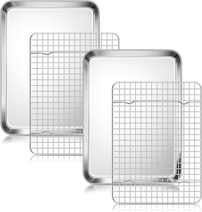 Homikit Quarter Sheet Pan with Wire Rack Set (2 Baking Sheets+2 Racks), Stainless Steel Baking Tray with Grid Cooling Rack for Toaster Oven Roasting, Metal Bacon Cookie Jelly Roll Pan, 12" x 10" Inch