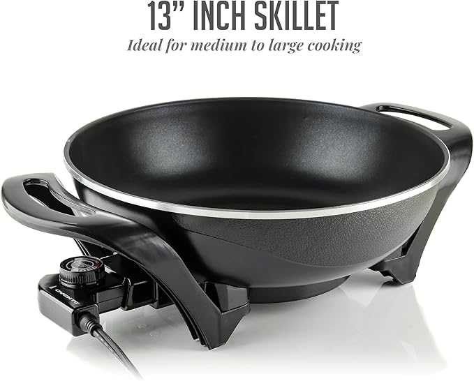 OVENTE Electric Wok with Nonstick Coating, 13 Inch Family-Sized Skillet, 1400W Power, Adjustable Temperature, Tempered Glass Lid, Cool Touch Handles and Easy to Clean Frying Surface, Black SK3113B - Image 2