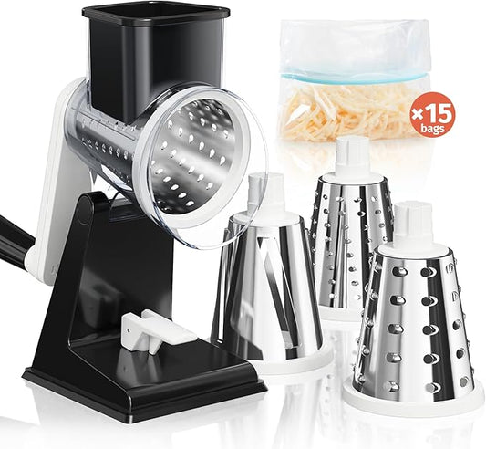Upgraded Rotary Cheese Grater with 3 Interchangeable Stainless Steel Drums, One-Press Powerful Suction Manual Vegetable Shredder & Slicer for Kitchen, 15pcs Storage Bags Included, Black