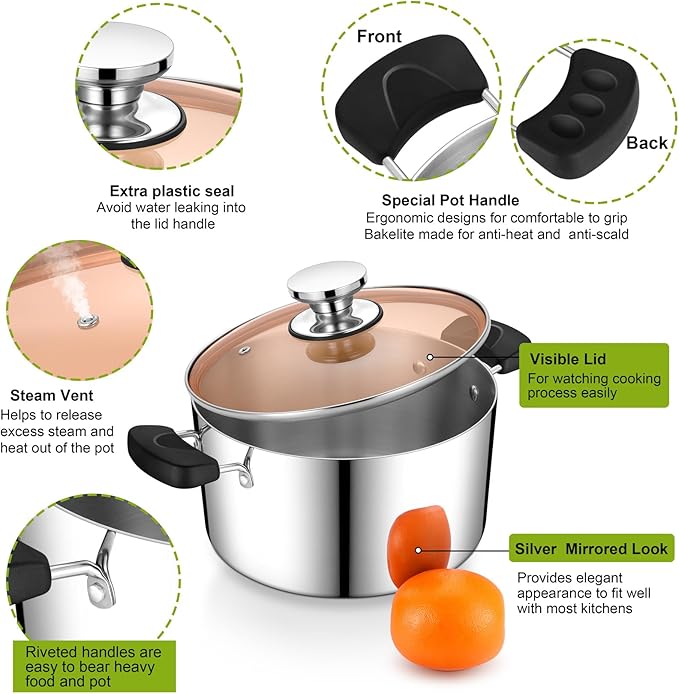 5 Quart 3-Ply Cooking Stock Pot with Lid, P&P CHEF Stainless Steel Large Pot for Pasta Soup, Work on Multi Stove, Heavy Duty & Dishwasher Safe, Dual Heat-resistant Handles & Brown Glass Lid - Image 3