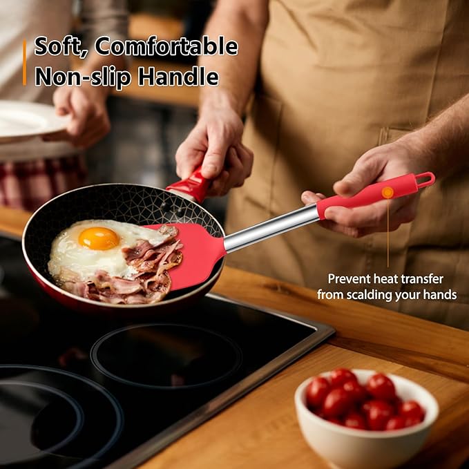 Silicone Spatula Set of 2, E-far Solid & Slotted Turner for Nonstick Cookware, Heat Resistant Rubber Kitchen Cooking Utensils for Flipping Fish Pancake Egg - Red - Image 4